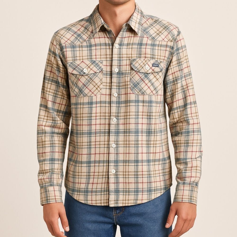 Salty Crew Plaid Flannel Button-Up Shirt Beige Red Blue Medium